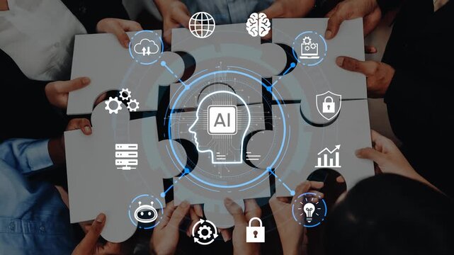 Collaborative team assembling puzzle pieces with AI icons and technology symbols representing innovation, problem-solving, and teamwork in a modern workspace. Entropy.