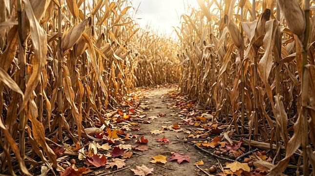 Autumn leaves scattered on corn maze trail, harvest season concept