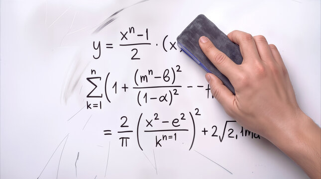 Hand erasing complex mathematical equations from whiteboard with sponge. Teacher or student clearing board after lecture or problem solving session.