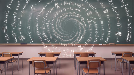 Mathematical formulas swirling in spiral pattern on green chalkboard in empty classroom. Academic concept for complex physics and advanced science education.