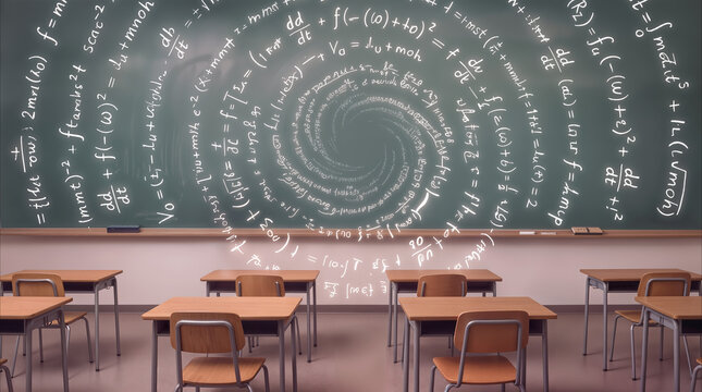 Mathematical formulas swirling in spiral pattern on green chalkboard in empty classroom. Academic concept for complex physics and advanced science education.