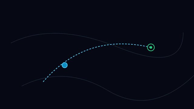 Minimalist motion animation with blue dot moving along a curved path on dark 4k background, abstract trajectory
