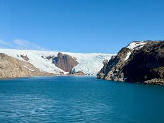 The mountains, fjords, and glaciers of Prince Christian Sound in the southern part of Greenland. © Joni