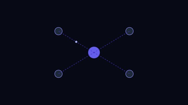 Minimalist network connection animation with central node and four expanding data points for tech interface and digital communication 4k