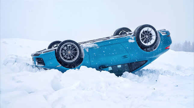 Overturned blue sports car lying in deep snow after road accident. Vehicle rollover on icy winter highway during blizzard.