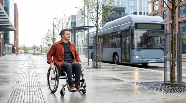 Wheelchair user waits as an accessible city bus arrives
