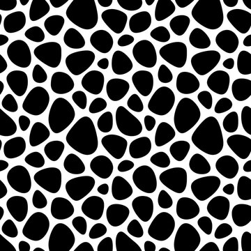 Black and white organic pebble grid seamless pattern smooth rounded stone silhouettes background illustration
