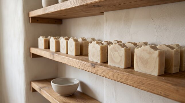 Handmade soap bars cure on open wooden shelves