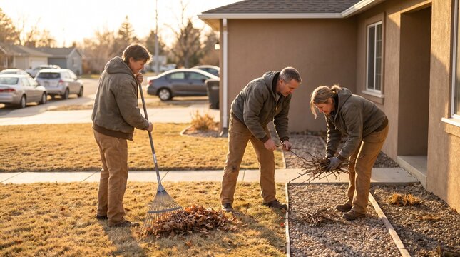 Neighbors clear leaf litter around a prepared home