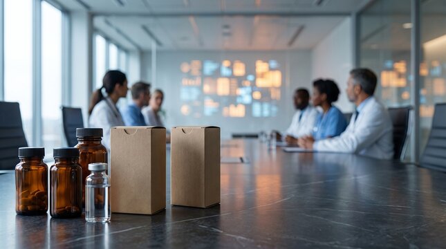 Medication packaging frames a healthcare launch review meeting