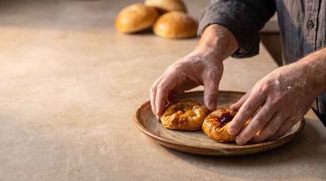 Hands plate artisan pastries for the bakery display