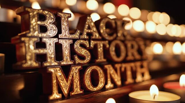 Golden Black History Month letters illuminated by candles