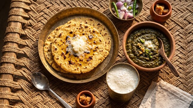 Traditional Punjabi Breakfast of Makki Ki Roti, Sarson Ka Saag, Fresh Butter, and Lassi