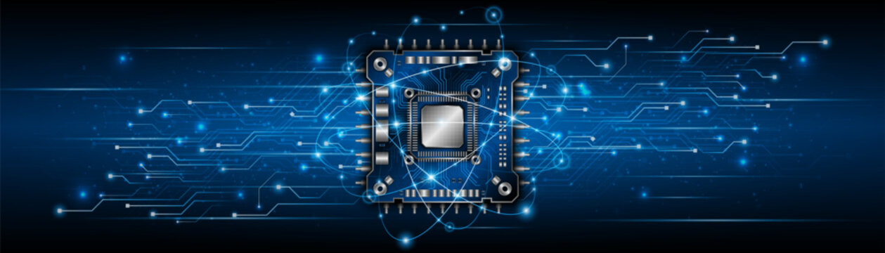 High-tech microchips on a blue circuit board background, with glowing data connection lines. An abstract digital motherboard with a CPU in the center and orbits.