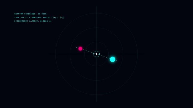 Quantum computing data visualization with rotating particle spin state and digital interface hud animation 4k