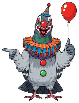 Cartoon pigeon clown wearing colorful ruff and hat holding red balloon on transparent background. Funny circus bird character pointing direction. Entertainment and celebration concept.