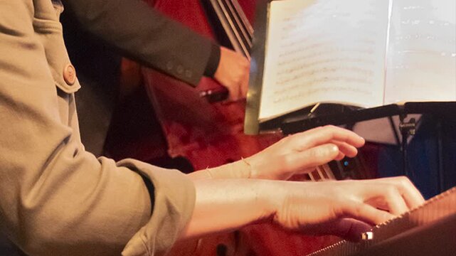 Closeup stop motion looped video of man pianist playing during a live tango concert in a theater, with a doble bass at background