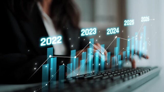Business bar chart and line graph showing yearly business growth from 2022 to new year 2026, represent data analytics, future 2026 planning, business 2026 trend, and performance analysis 2026 Marrow