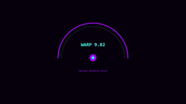 Sci-fi warp speed hud interface: futuristic digital gauge with sublight overdrive activation for space travel and gaming ui animation 4k