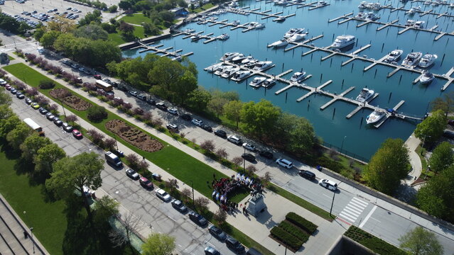 Aerial view of Chicago with Polish Celebration of History