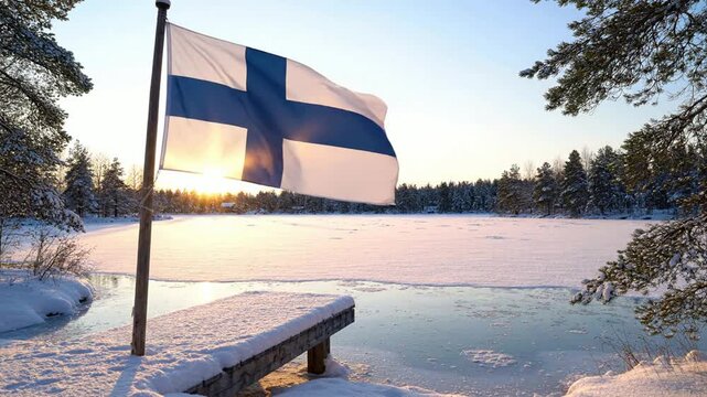 Finnish flag waving in winter landscape at sunset over frozen lake and snowy pier finland national flag