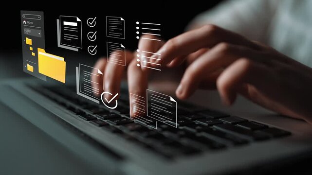 Person Typing on Laptop with Digital Interface and Graphic Elements for Data Management and Analysis in Office Environment Gluon.