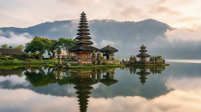 Pura Ulun Danu Beratan temple balinese hindu temple on a Bedugul lake in Bali, Indonesia