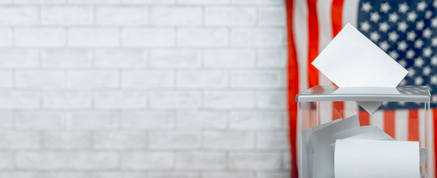 US election banner with voting ballot entering a transparent voting box, the US flag in the background with copy space, symbolizing American elections and democracy.