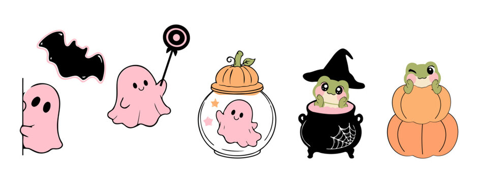 Halloween character collection featuring friendly ghosts, black bat, lollipop, ghost candy jar, frog witch in cauldron, and frog sitting on pumpkin in playful hand drawn vector style for stickers.
