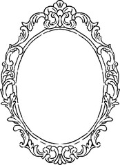 Plakat Ornate oval wedding frame with baroque florals. Vintage hand drawn line illustration featuring elegant rococo scrollwork and blank center for invitations, monograms or portraits. Chalk textured lines.