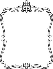 Naklejka premium Elegant vintage wedding frame with ornate crest. Decorative black line border with rococo curves and blank center for invitations, monograms, labels or cards.