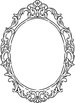 Ornate oval wedding frame with baroque florals. Vintage hand drawn line illustration featuring elegant rococo scrollwork and blank center for invitations, monograms or portraits. Chalk textured lines.