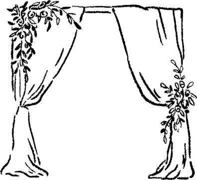 Elegant floral wedding curtain frame with drapery. Hand drawn vintage line illustration with romantic botanical ornaments and open copy space for invitations. Chalk textured lines.
