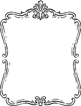 Elegant vintage wedding frame with ornate crest. Decorative black line border with rococo curves and blank center for invitations, monograms, labels or cards.