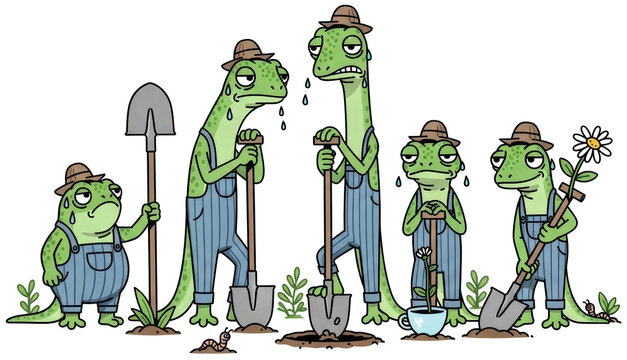 Group of cartoon lizard farmers wearing hat and overall with shovel on transparent background. Tired reptile gardener planting flower. Funny animal character agricultural worker concept.