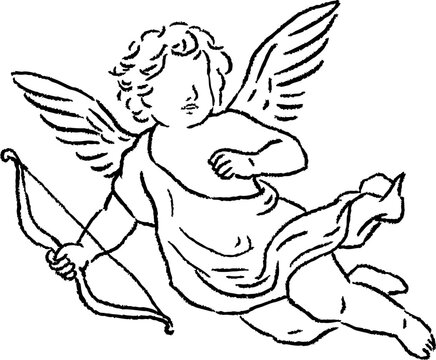 Flying Cupid cherub holding a curved bow. Vintage black line angel illustration with spread wings, romantic classical styling for Valentine and wedding designs with textured crayon outline.