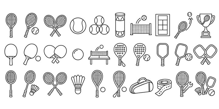 Racket Sports Line Icon Set with Tennis, Badminton and Table Tennis Equipment