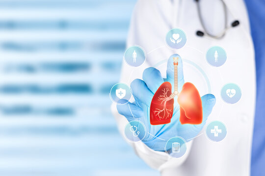 Medical specialist examining human lungs for the diagnosis of respiratory diseases, pulmonology and health concept. Isolated on blue bokeh background.