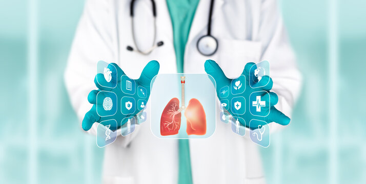 Doctor examining a digital screen to detect lung abnormalities for respiratory diagnosis, laboratory analysis, and science. Medical technology.
