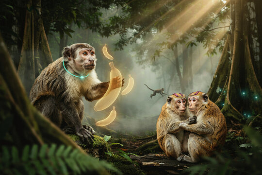 Fantasy cute monkey magic glowing banana slices, mystical jungle environment with glowing collar, magical forest ambiance with two sitting primates