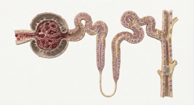 Detailed Kidney Nephron Filtration and Glomerular Function Medical Illustration