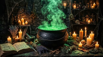 Fototapeta premium Witch cauldron with glowing green magic potion and smoke on a dark table with candles and an old spell book for halloween