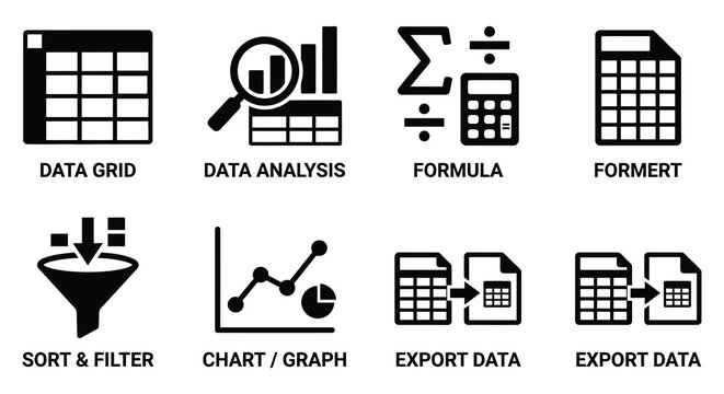 Collection of flat vector data icons on a white background