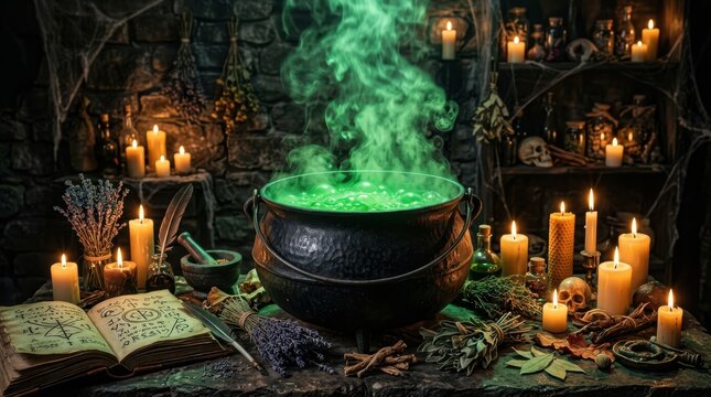 Witch cauldron with glowing green magic potion and smoke on a dark table with candles and an old spell book for halloween