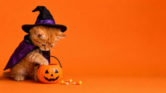 Orange Kitten in Witch Hat with Halloween Pumpkin Bucket on Orange Background