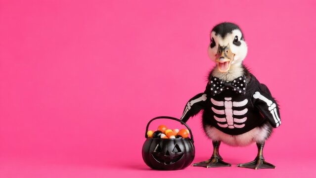 Dachshund Puppy in Pumpkin Costume with Pumpkins on Green Background