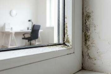 Obraz premium Black mold on window frame and damp wall in office interior room