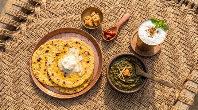 Traditional Makki Ki Roti and Sarson Ka Saag Breakfast with Fresh Butter and Lassi