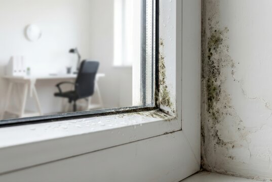 Black mold on window frame and damp wall in office interior room