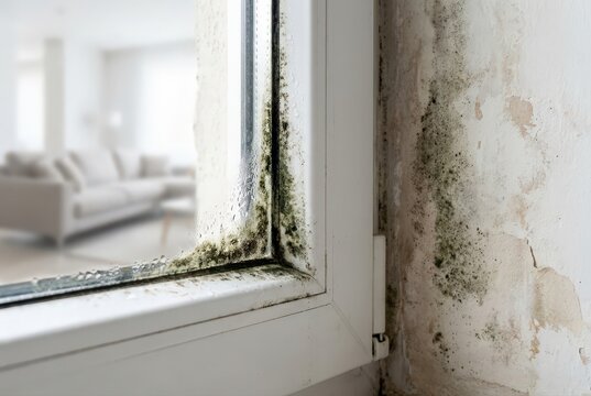 Black mold on window frame and damp wall in house interior dampness